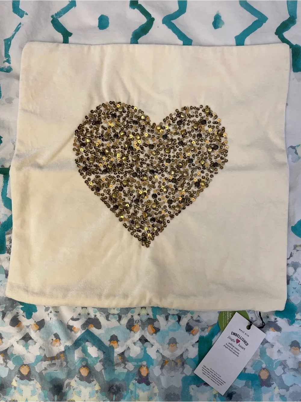 NWT West Elm Gold Sequin Heart Accents Pillow cover 16” x 16”